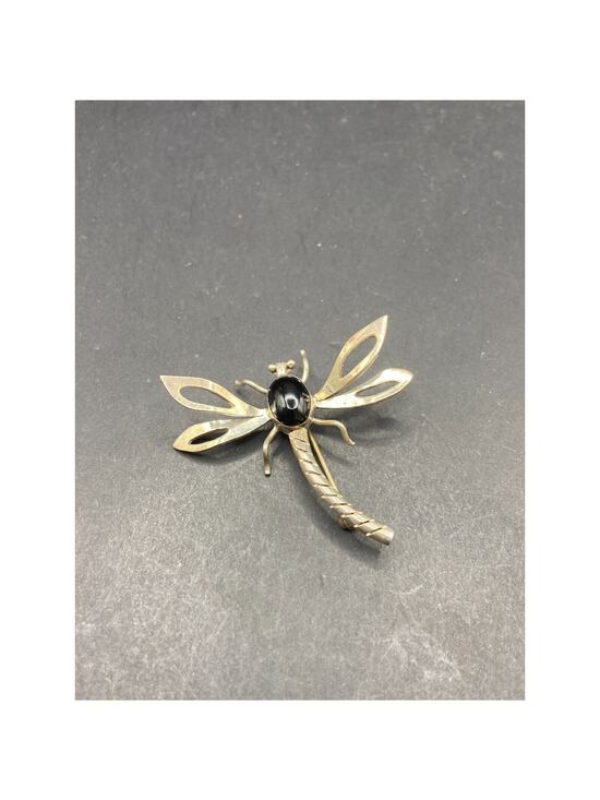 Taxco Jewelry - Vintage Taxco Mexico Sterling Silver 925 Black Onyx Dragon Fly Pin Brooch